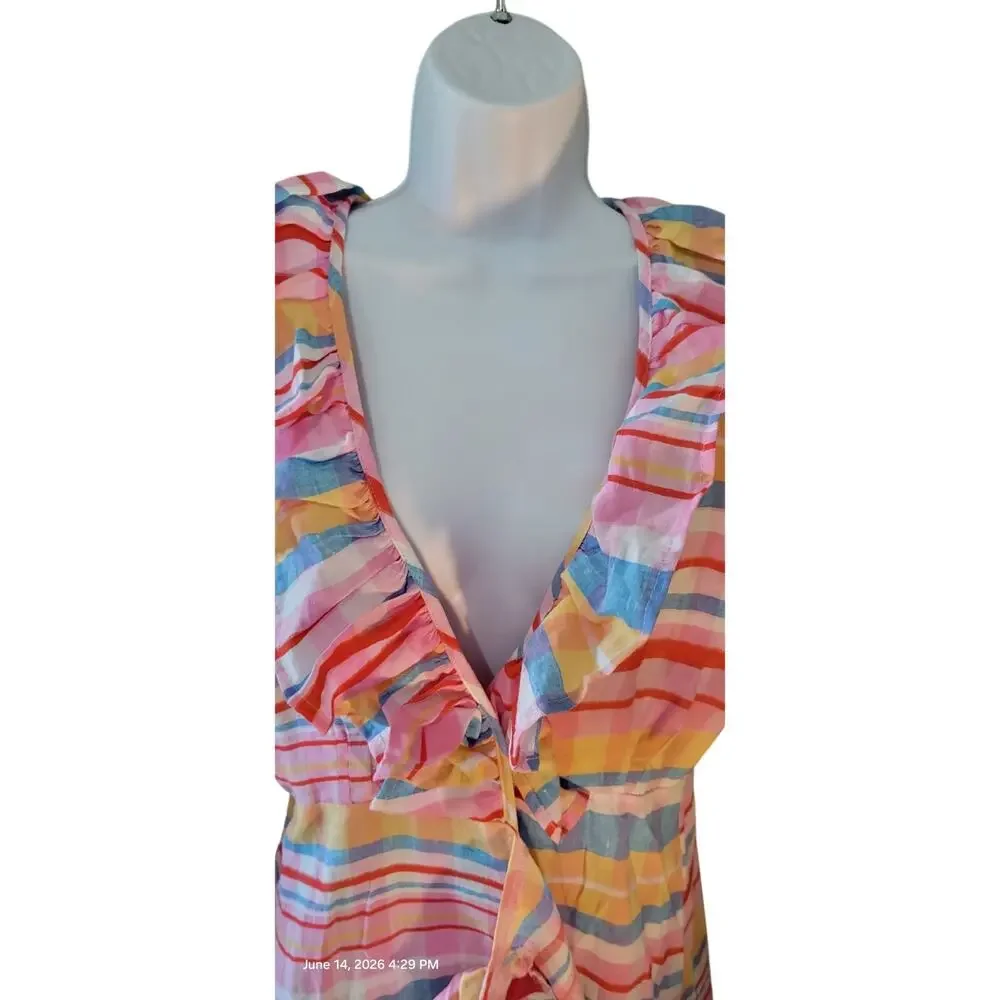 Never A Wallflower Ruffle Long Wrap Linen Dress Pink Spanish Plaid Sz M - Picture 5 of 8